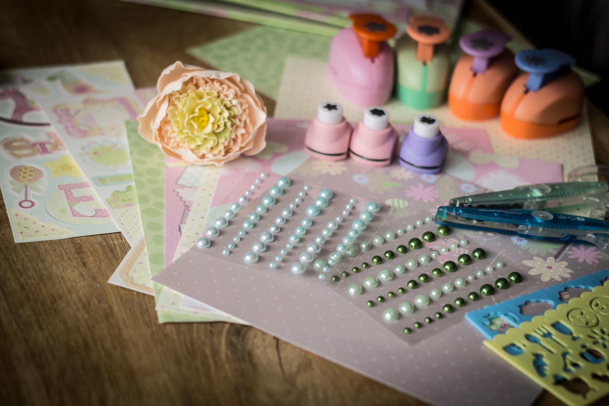 Stitched sample swatches laid out on table
